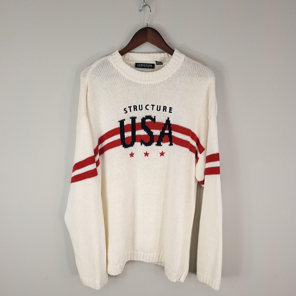 Structure Sweater Mens XL‎ White Red USA Crewneck Knit Patriotic Pullover Y2K
